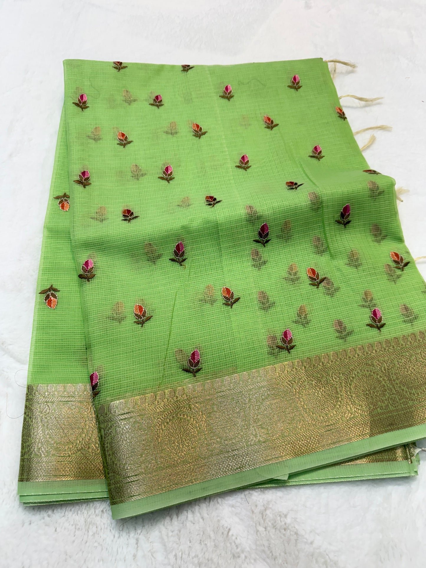 Pista green shade cotton kota embroidery Banarasi saree