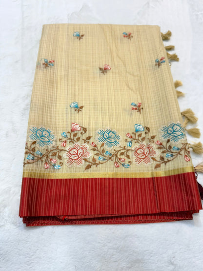 Beige red shade kota embroidery Banarasi saree