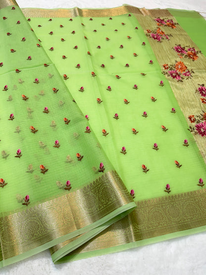 Pista green shade cotton kota embroidery Banarasi saree