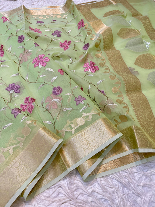 Pista green shade  kora organza  embroidery Banarasi saree