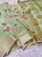 Pista green shade  kora organza  embroidery Banarasi saree