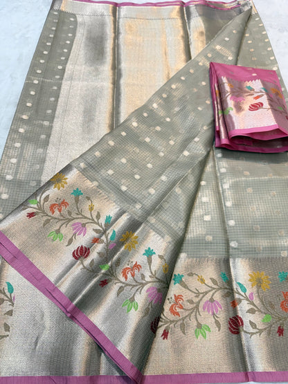 Gray & multicolour shade tissue kota premium paithani border designer banarasi saree