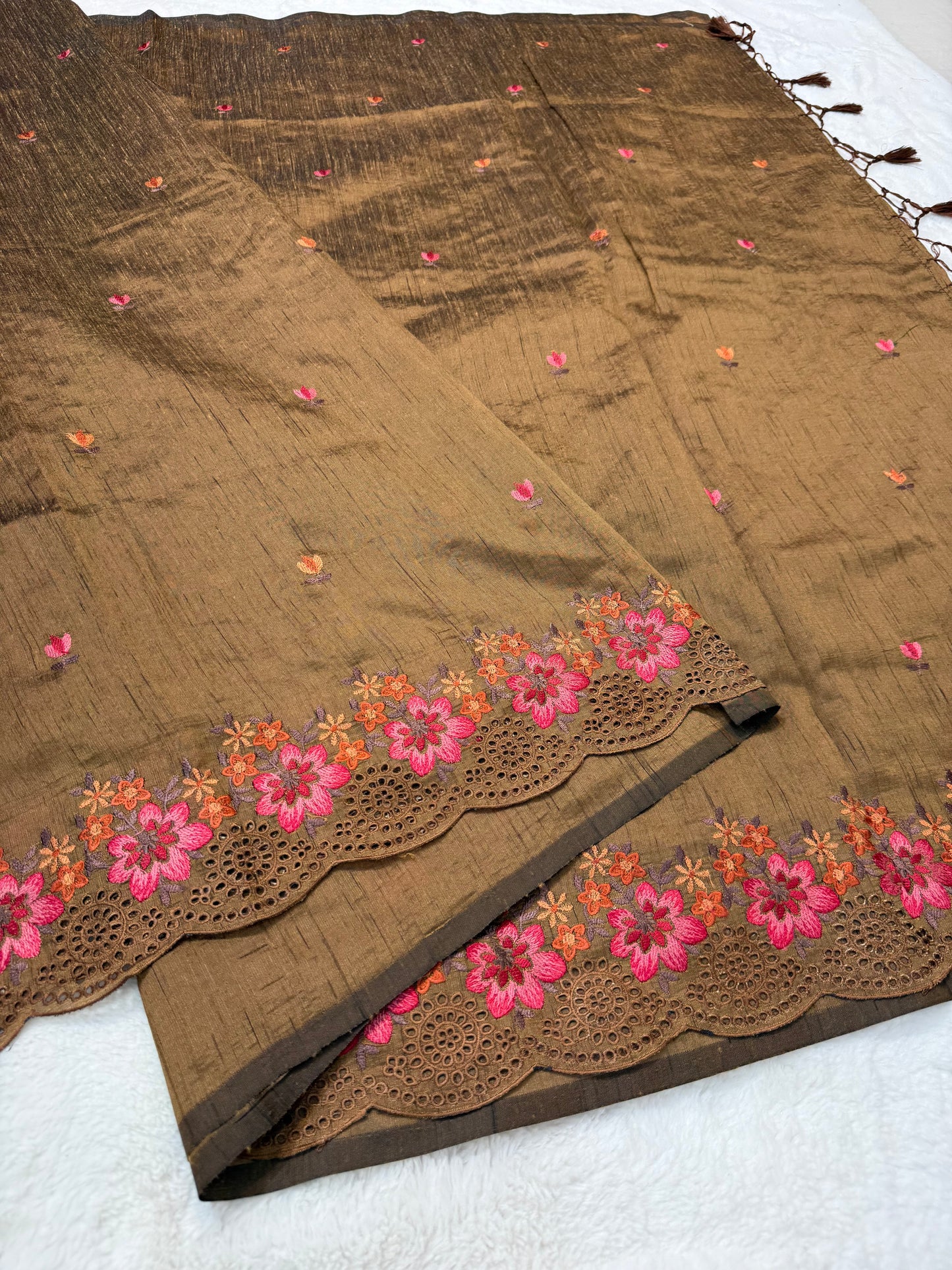 Bronze shade premium tussee designer embroidery Banarasi saree