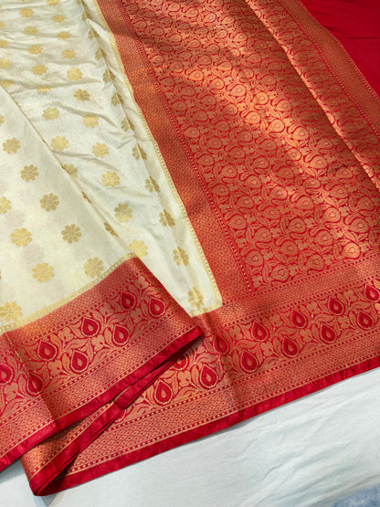 Off white & red shade  Dupion Silk premium Banarasi Saree