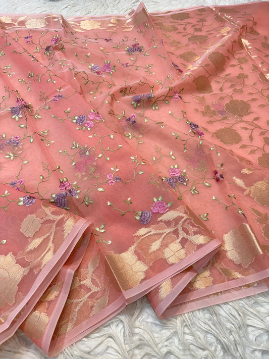 Peach green shade kora organza  embroidery Banarasi saree