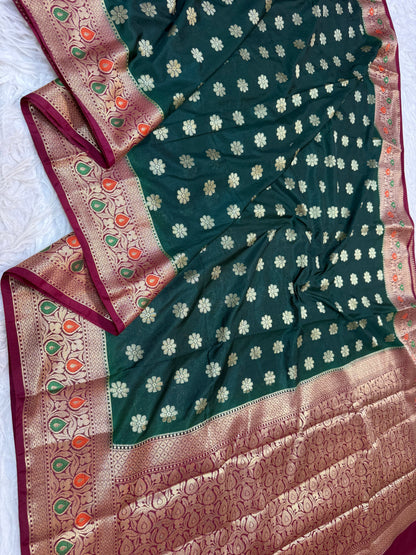 Bottle green & maroon shade  Dupion Silk premium Banarasi Saree