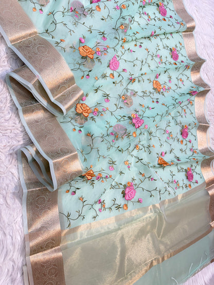 Turquoise shade organza embroidery Banarasi saree