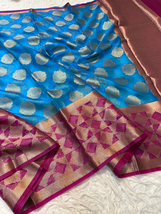 Firozi Royal pink warm silk premium Banarasi saree