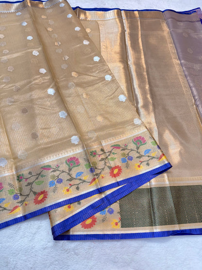 Gold & multicolour shade tissue kota premium paithani border designer banarasi saree