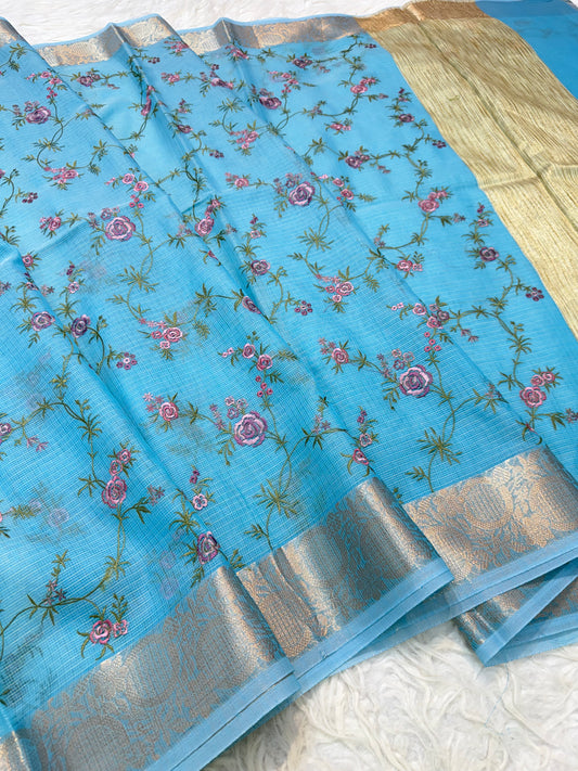 Sky blue shade cotton kota embroidery Banarasi saree