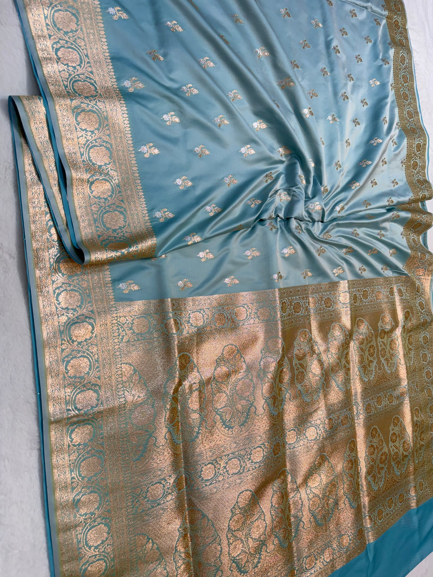 Powder blue shade satan katan premium Banarasi silk Saree