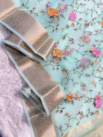 Turquoise shade organza embroidery Banarasi saree
