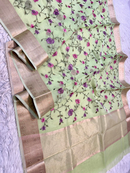 Pista green shade organza embroidery Banarasi saree
