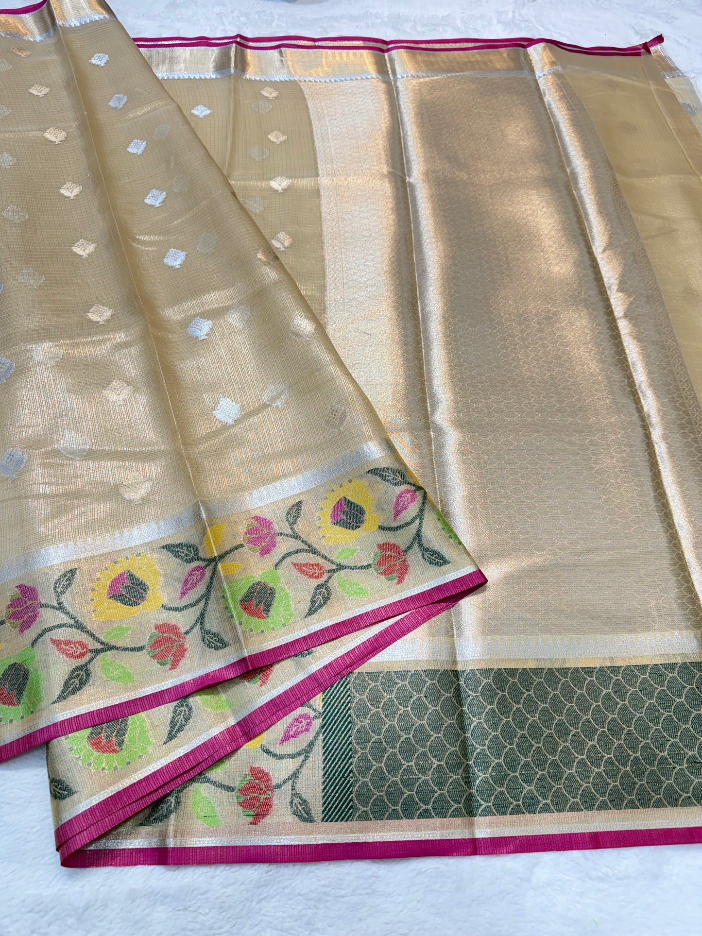 Gold & multicolour shade tissue kota premium paithani border designer banarasi saree