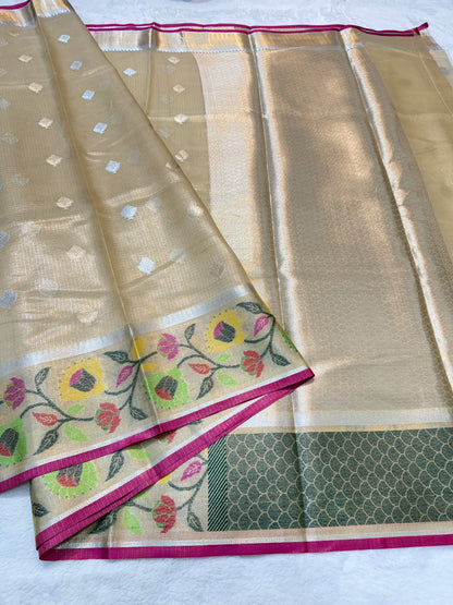 Gold & multicolour shade tissue kota premium paithani border designer banarasi saree