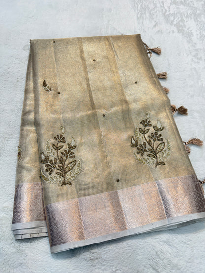 Beige shade tissue designer hand work Banarasi saree