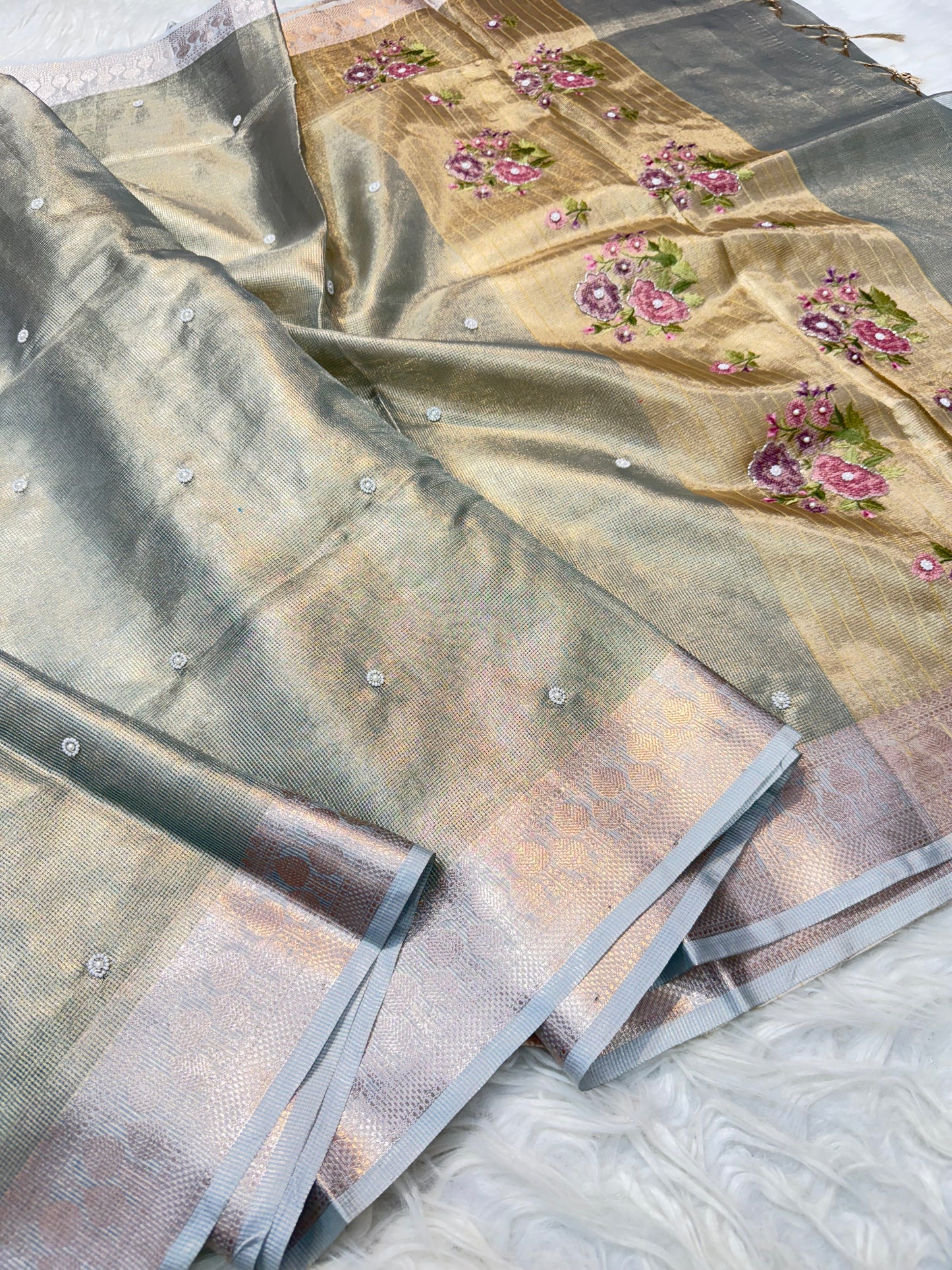 Light slate blue shade kota tissue kota designer embroidery handwork premium Banarasi saree