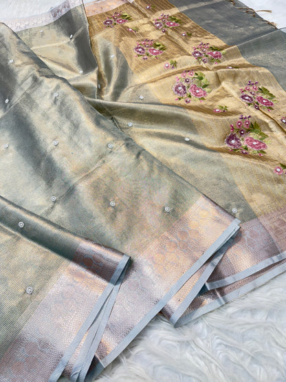 Light slate blue shade kota tissue kota designer embroidery handwork premium Banarasi saree