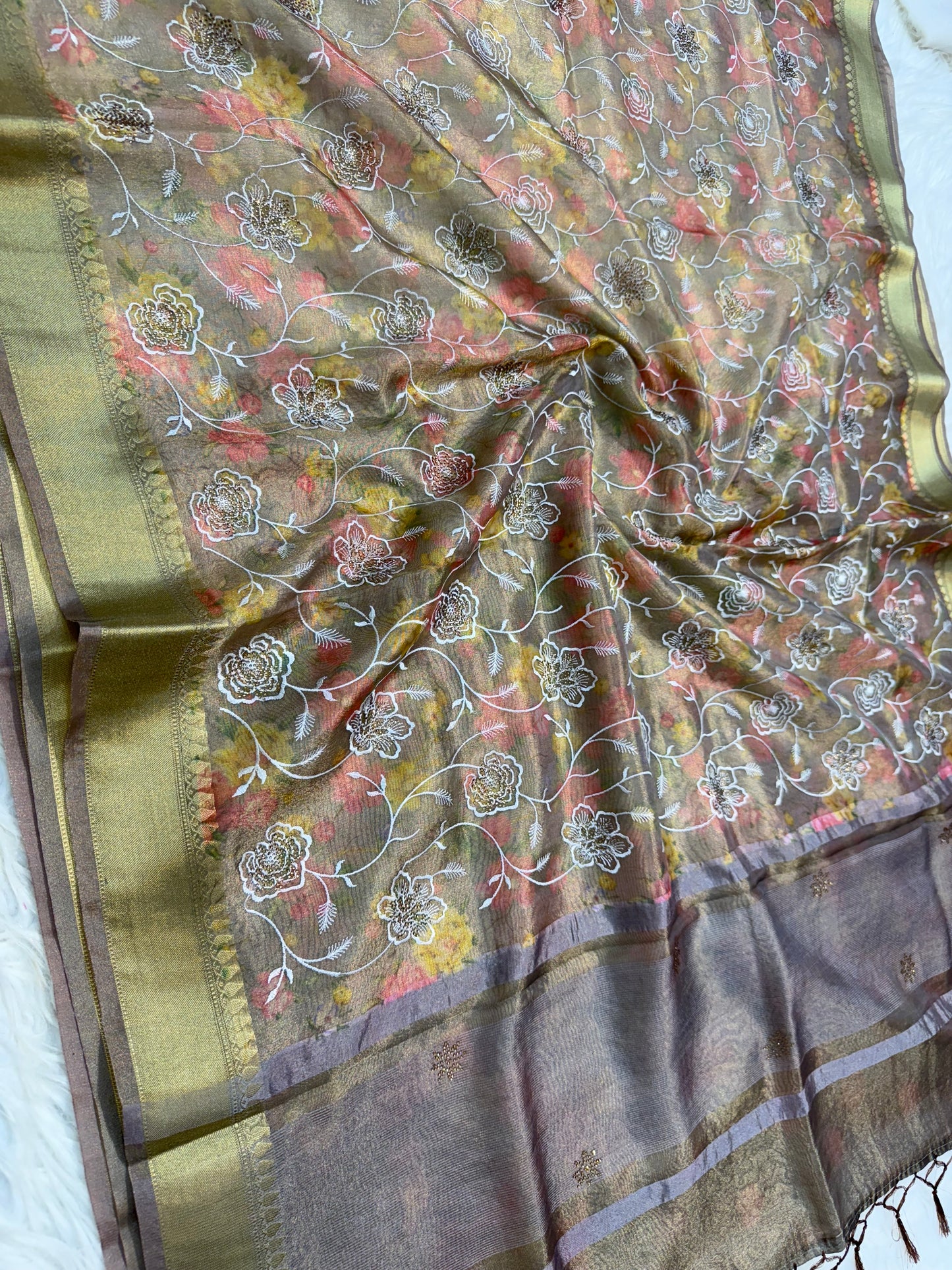 multicolour tissue silk digital  print Embroidry sawroski work premium Banarasi saree