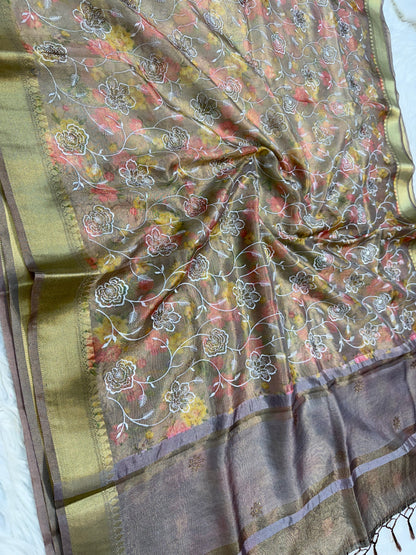 multicolour tissue silk digital  print Embroidry sawroski work premium Banarasi saree
