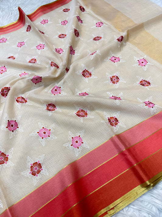 Off White maharani royal pink pink shade tissue kota embroidery Banarasi saree