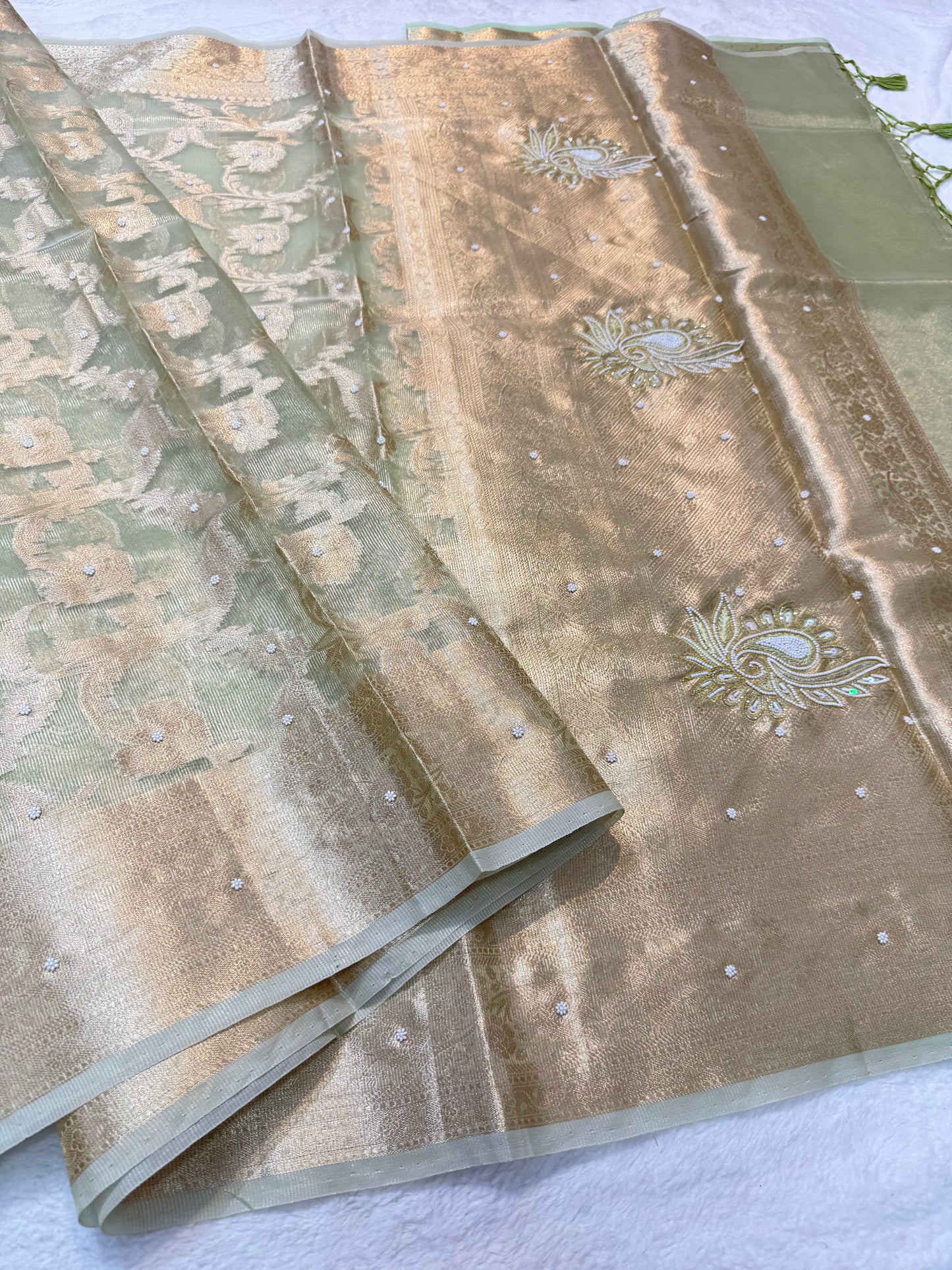 Pista green shade tissue kota designer handwork premium Banarasi saree