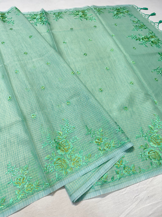 Sea green shade kota designer embroidery premium Banarasi saree