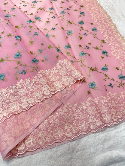 Pink shade organza designer cutwork premium embroidery Banarasi saree