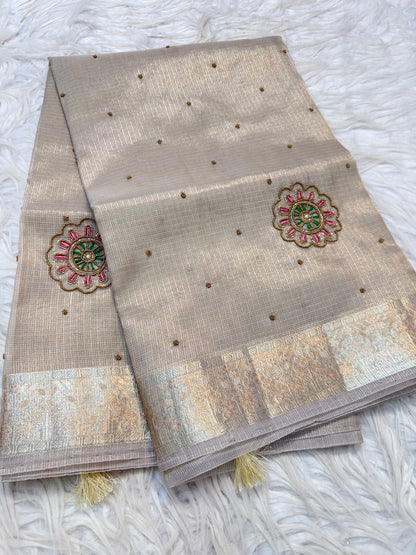 Silver shade tissue kota designer handwork premium Banarasi saree