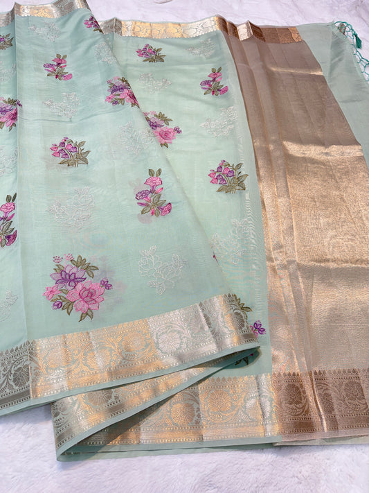 Sea green shade soft silk designer  premium embroidery Banarasi saree