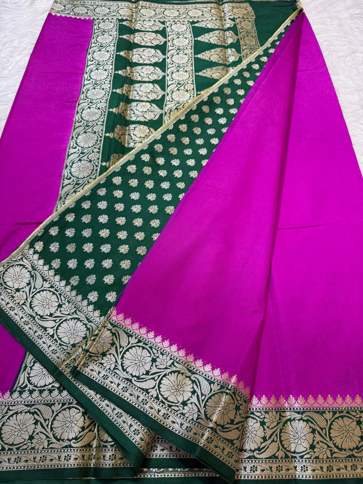 Royal pink bottle green shade Dupion silk premium Banarasi saree