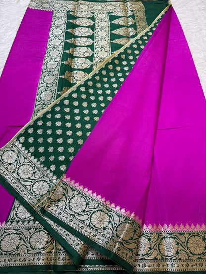 Royal pink bottle green shade Dupion silk premium Banarasi saree