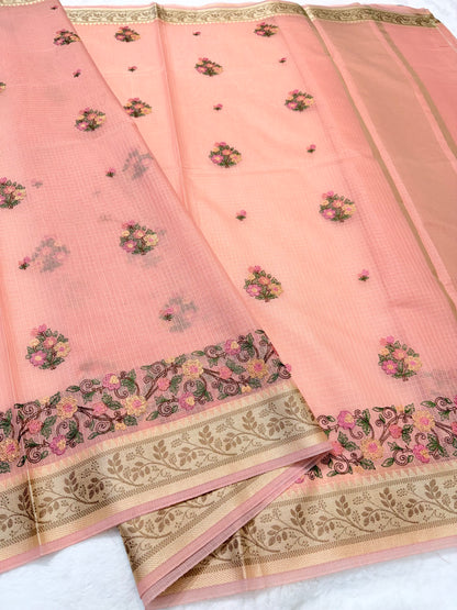 Peach shade kota designer embroidery Banarasi saree