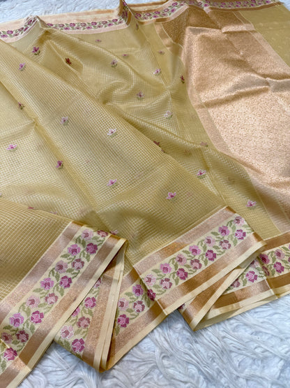 Beige shade kora organza  embroidery Banarasi saree