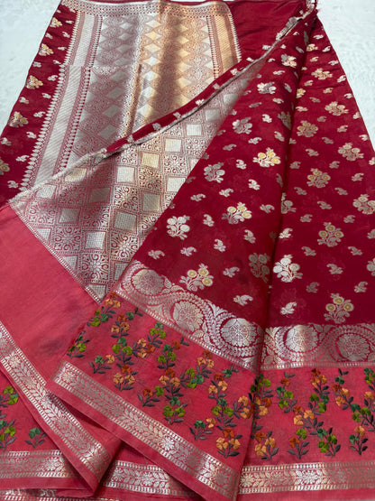 Red & maharani shade raw mango premium embroidery Banarasi saree