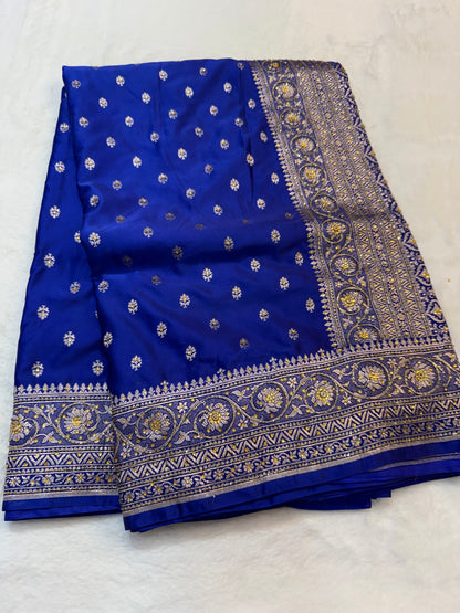 Royal blue shade Bridal Mashru ari & stone Silk Banarasi Saree