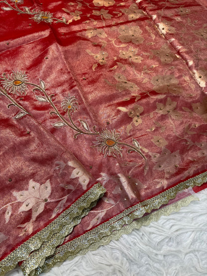 Red shade tissue ari & zardosi work designer premium Banarasi saree