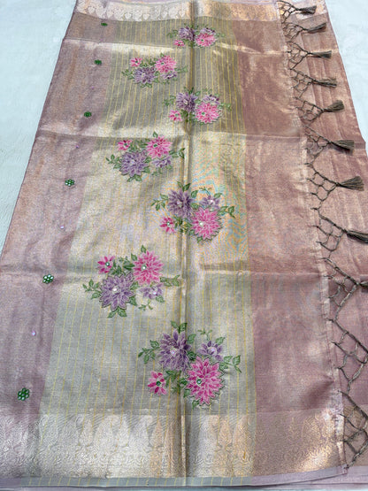 Rose gold kota tissue kota designer embroidery handwork premium Banarasi saree