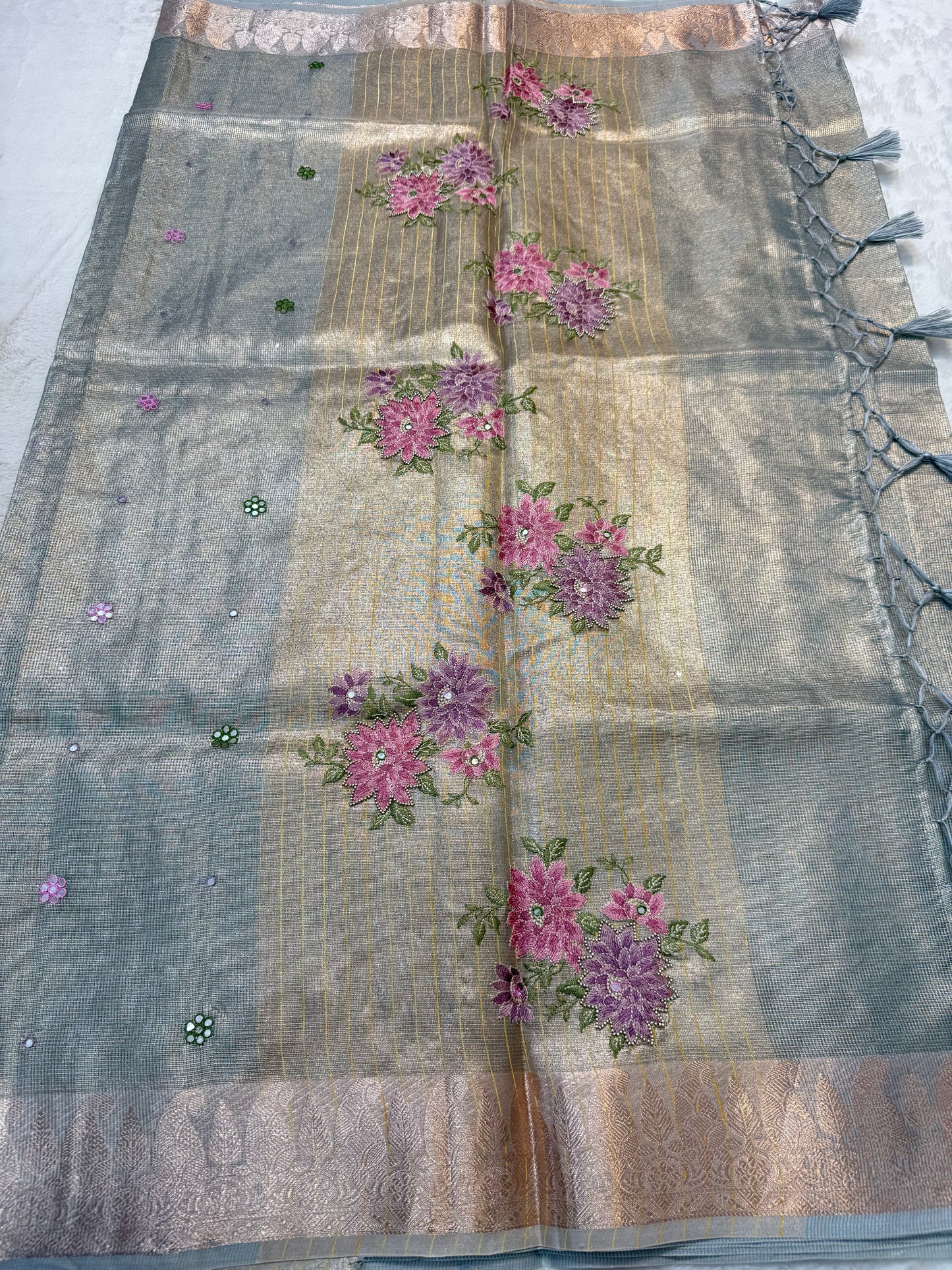 Light slate blue shade kota tissue kota designer embroidery handwork premium Banarasi saree