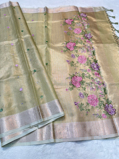 Pista green shade kota tissue kota designer embroidery handwork premium Banarasi saree