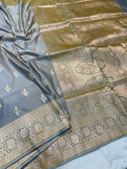 Gray shade satan katan premium Banarasi silk Saree