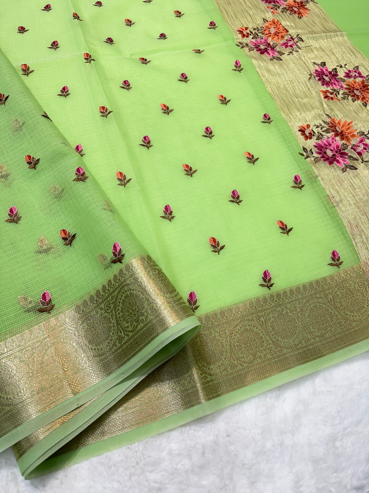 Pista green shade cotton kota embroidery Banarasi saree