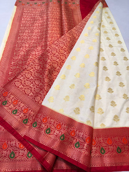 Off white red shade Dupion Silk premium Banarasi Saree