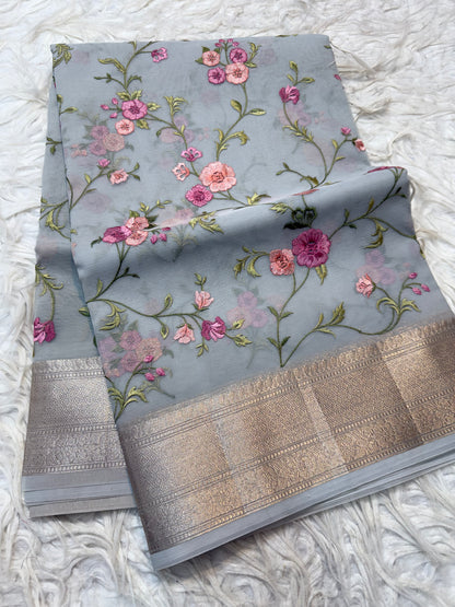 Grey  shade organza embroidery Banarasi saree
