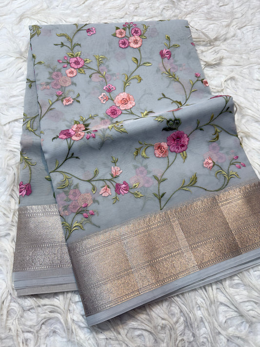 Grey  shade organza embroidery Banarasi saree