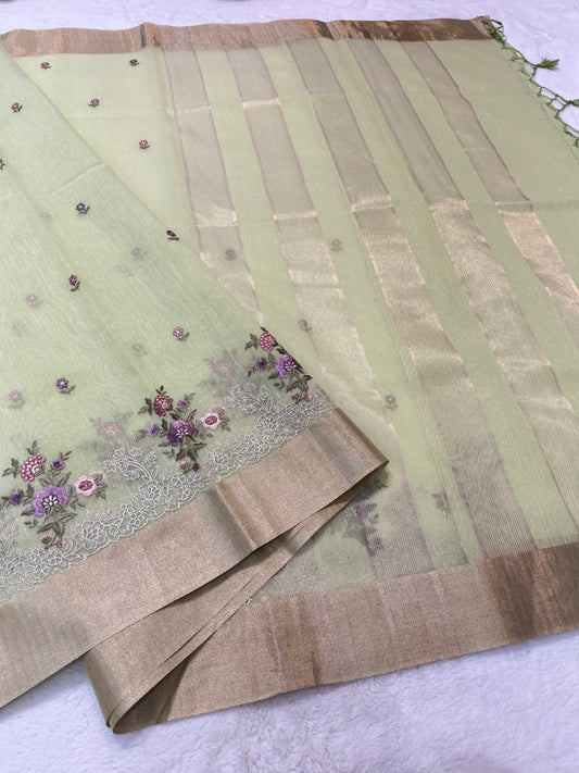 Pista green shade linen embroidery Banarasi saree