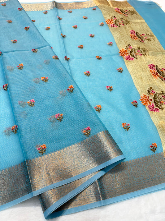 Sky blue shade cotton kota embroidery Banarasi saree