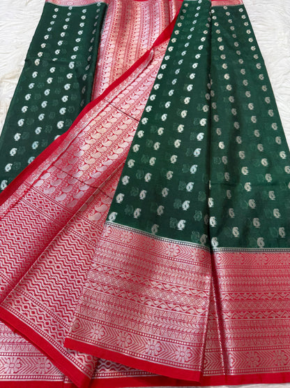 Bottle green red warm silk premium Banarasi saree