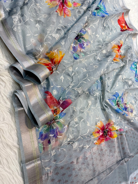 Grey multi shade cotton embroidery digital print Banarasi saree