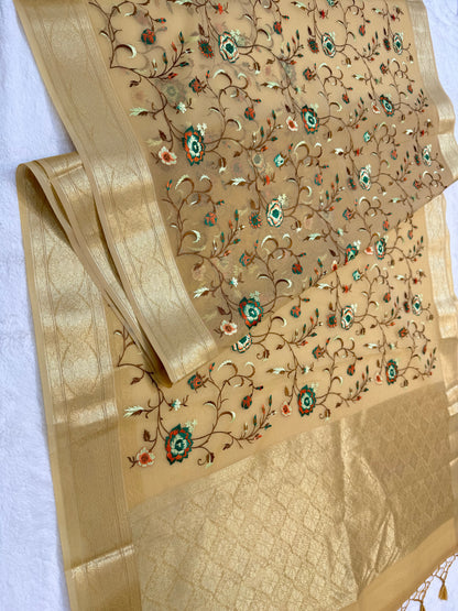 Beige shade organza designer premium embroidery Banarasi saree